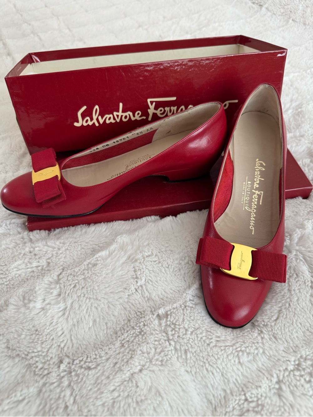 Salvatore Ferragamo Red Vara Bow Leather Flats with Gold Accent